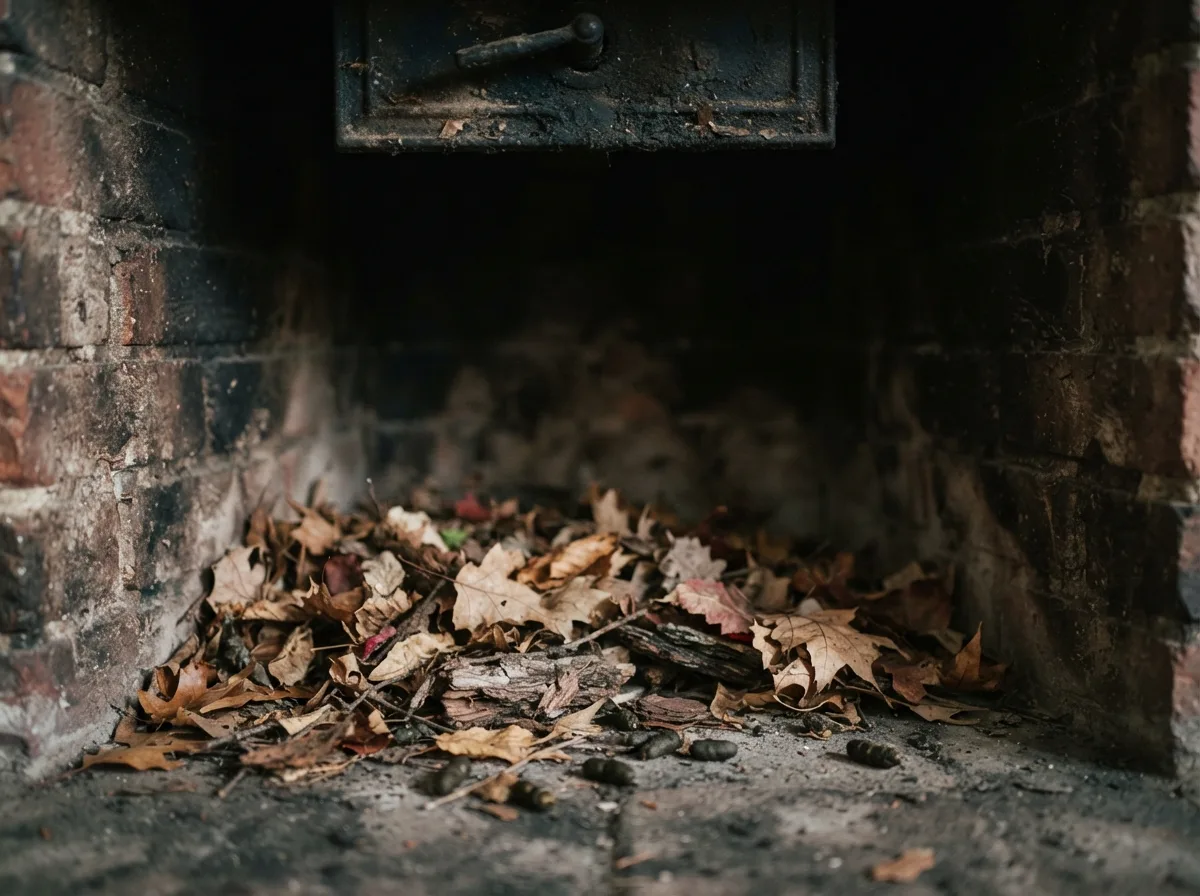 Nest debris and droppings piled inside a firebox beneath an open damper