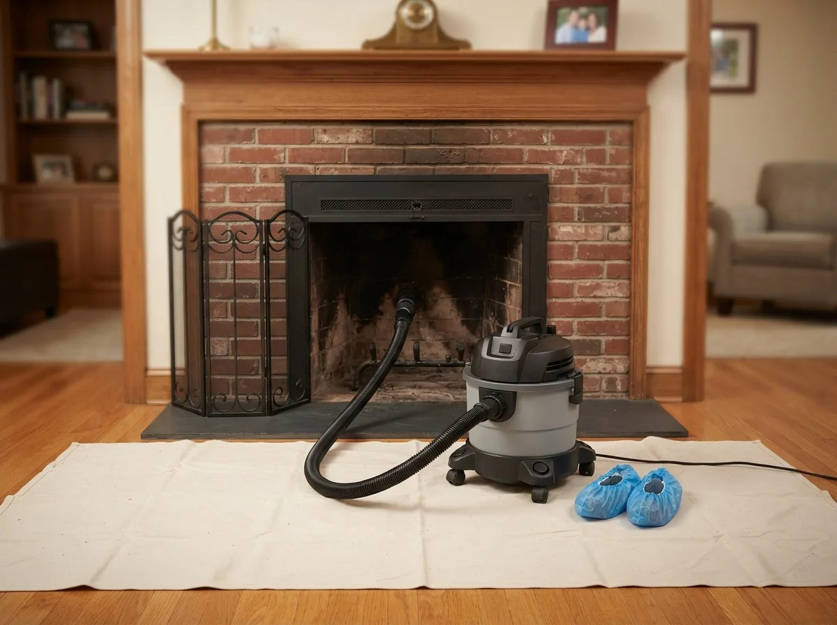 A HEPA-filtered vacuum, drop cloth, and shoe covers set up in front of a brick fireplace for containment